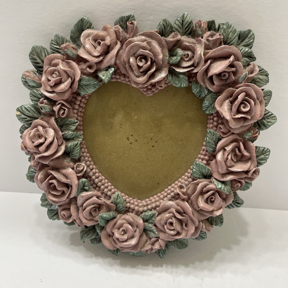 Vintage 3D Heart Shaped Picture Frame Hand Painted Pink Roses Green Leaves 8"